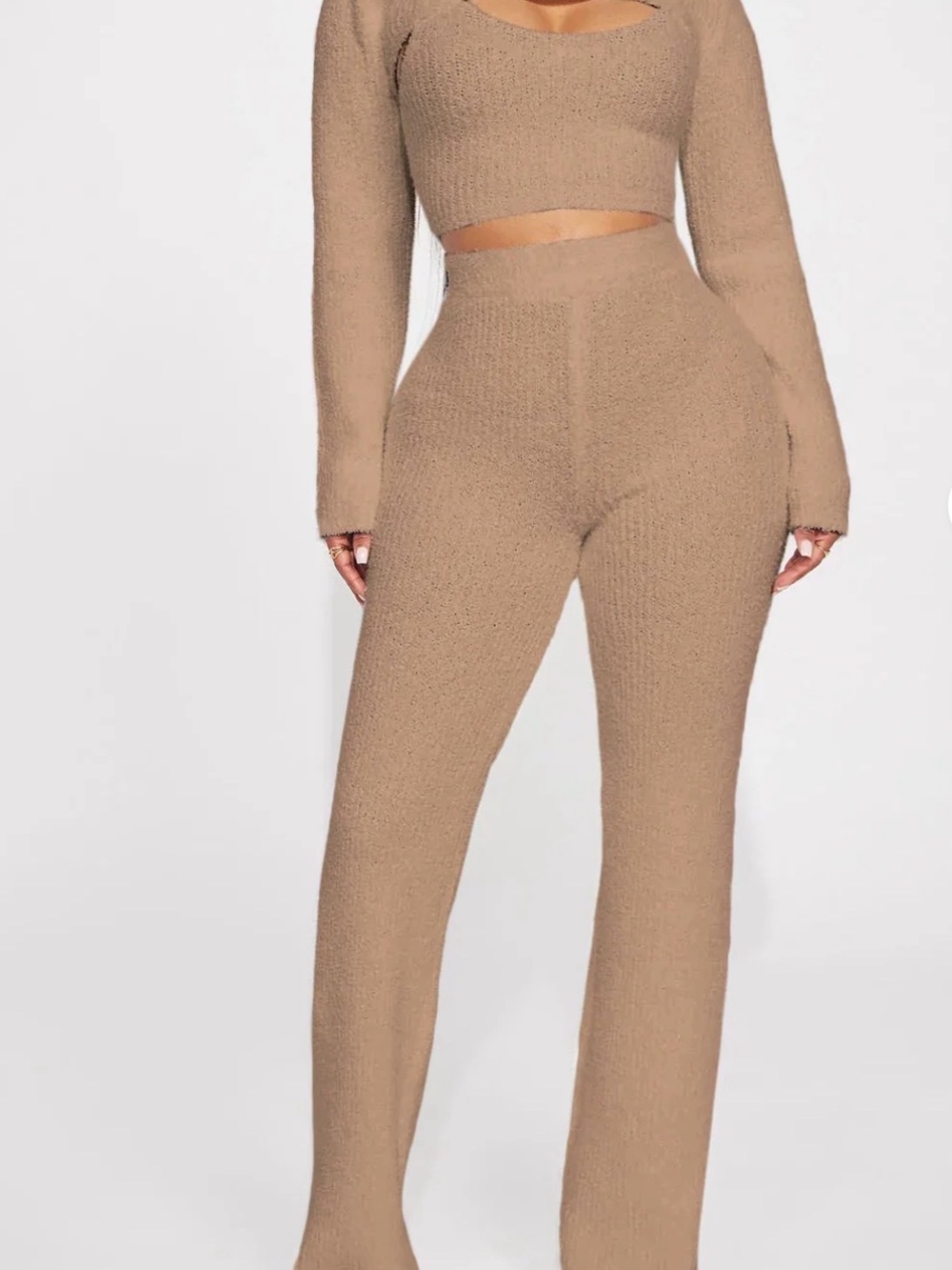 Fashion Nova High-Waist Wide Leg Knit Pants - Tan